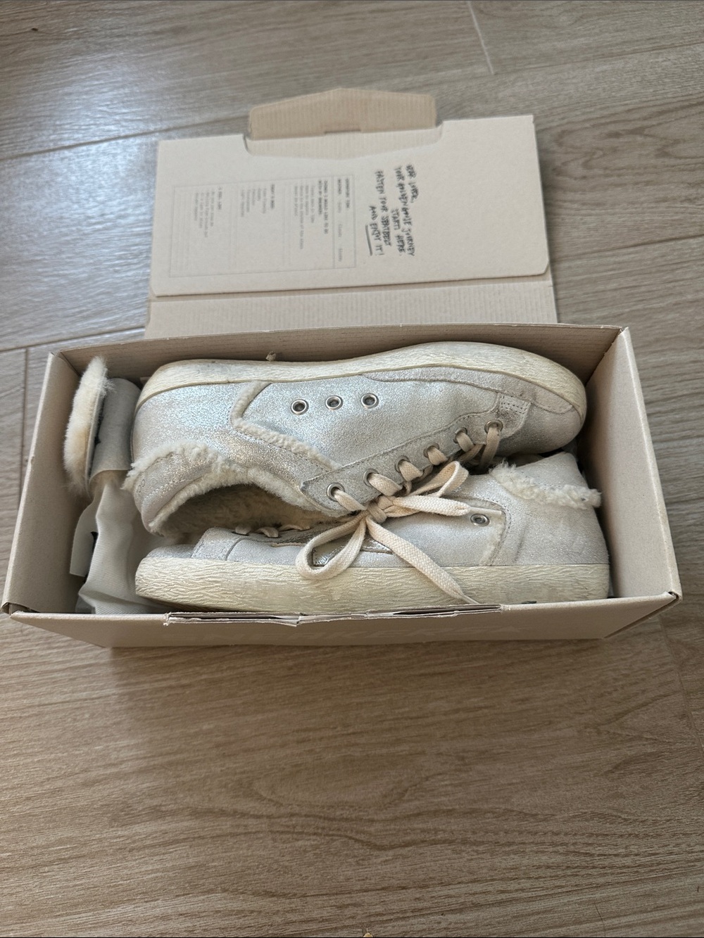 Golden Goose Silver Metallic & Cream Faux-Shearling Lined Sneakers